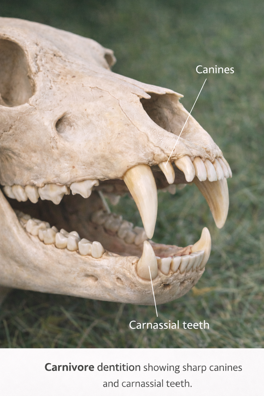 Carnivore dentition showing long canines and carnassial teeth