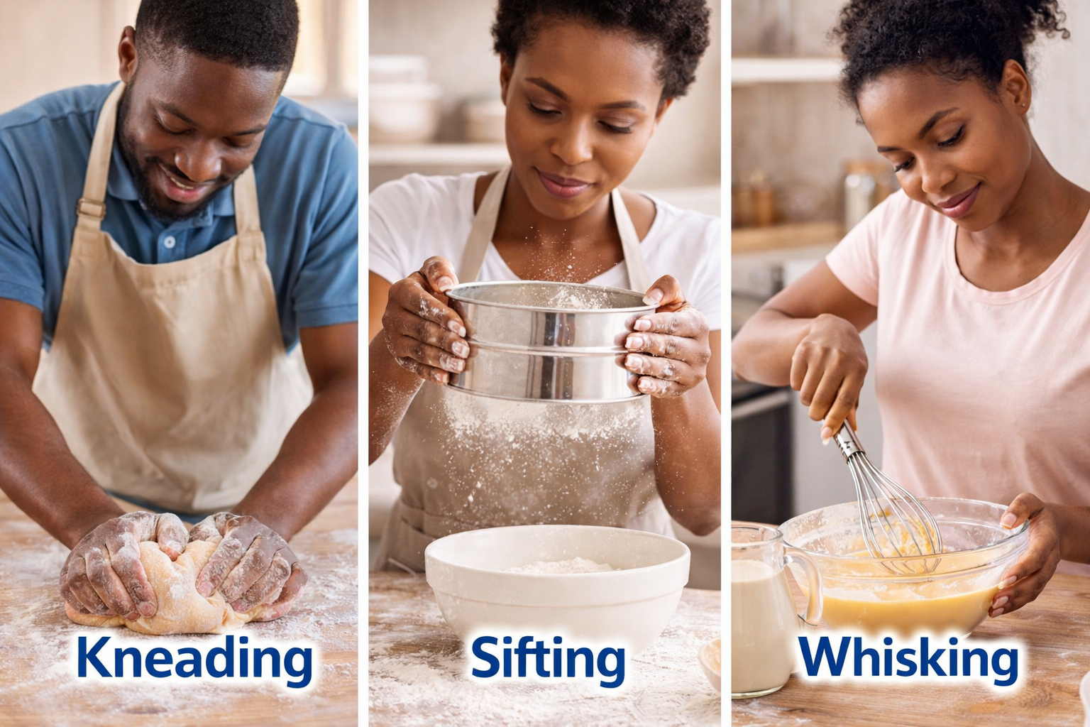 Collage showing kneading, sifting, and whisking as food production processes in flour preparation