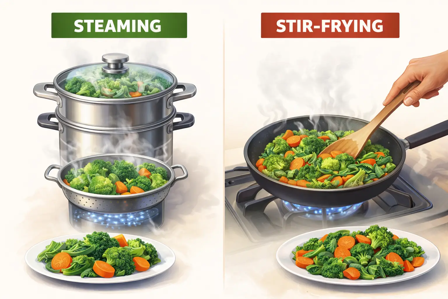 Steaming and stir frying methods of cooking
