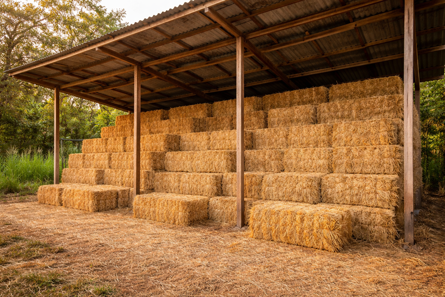hay bales stored in a well ventilated shed for protection