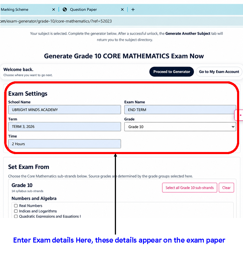 UBright Minds Academy examination settings