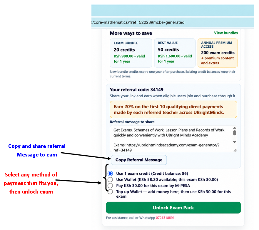 Exam pack credits and payment options